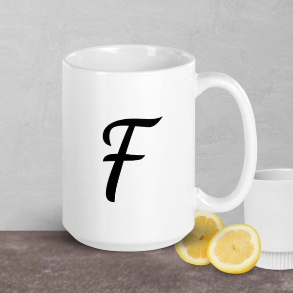 F Monogramı - 15 oz. - Beyaz parlak kupa - İngilizce Kahve Kupa